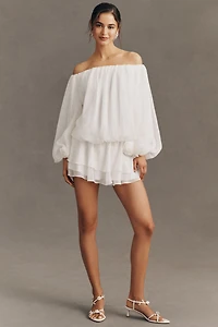 BHLDN Chiffon Off-Shoulder Long-Sleeve Rosette Mini Dress