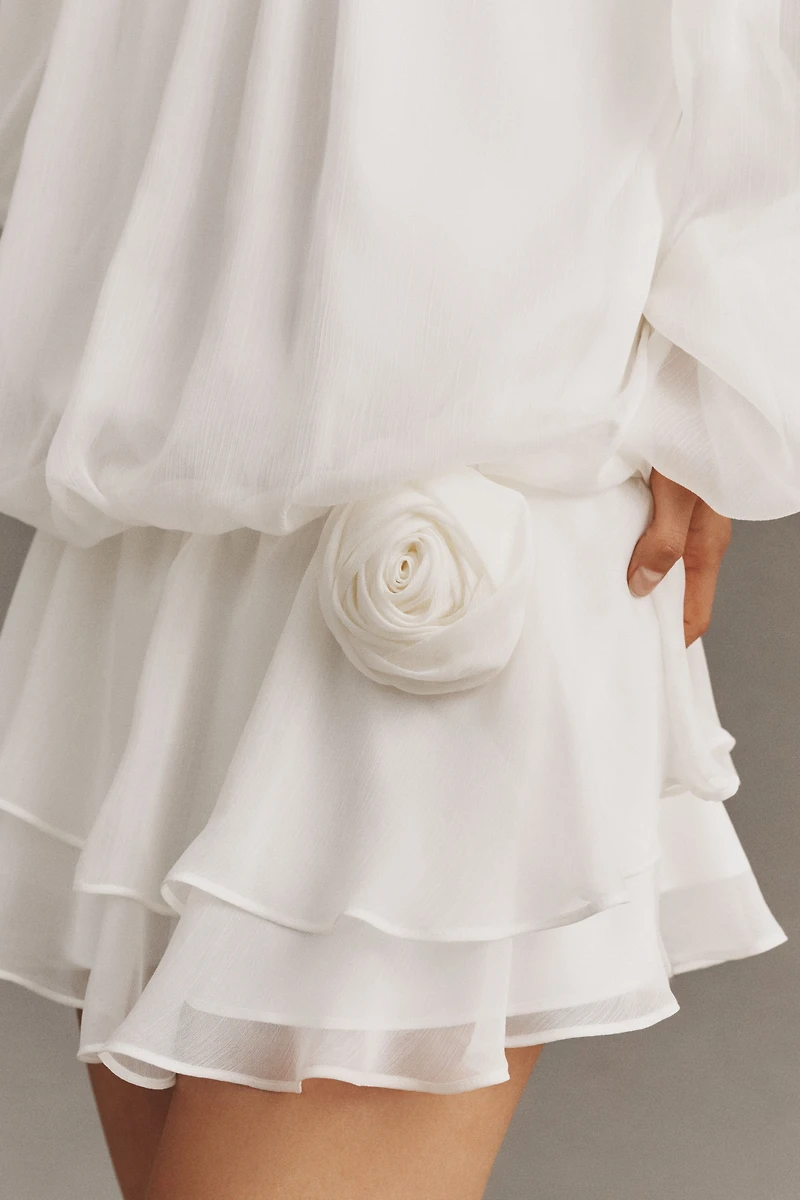 BHLDN Chiffon Off-Shoulder Long-Sleeve Rosette Mini Dress