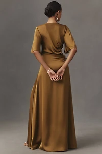 One33 The Marie Short-Sleeve Cutout Satin Maxi Dress