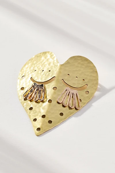 Metal Heart Face Brooch