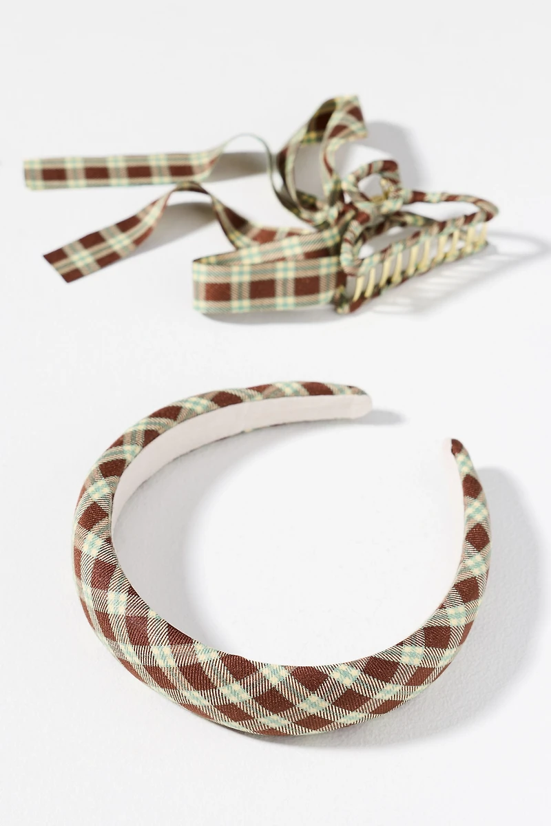 Plaid Headband & Bow Hair Claw Clip Set