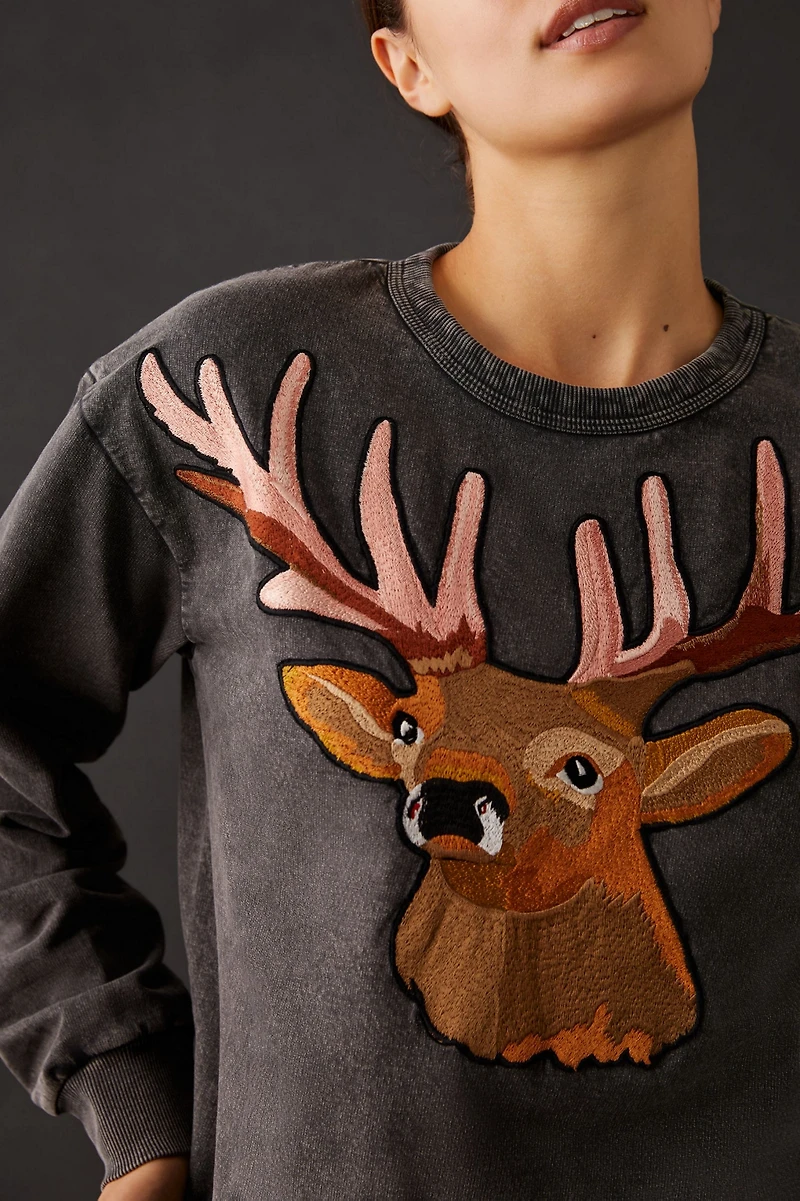 Tiny Embroidered Reindeer Crewneck Sweatshirt