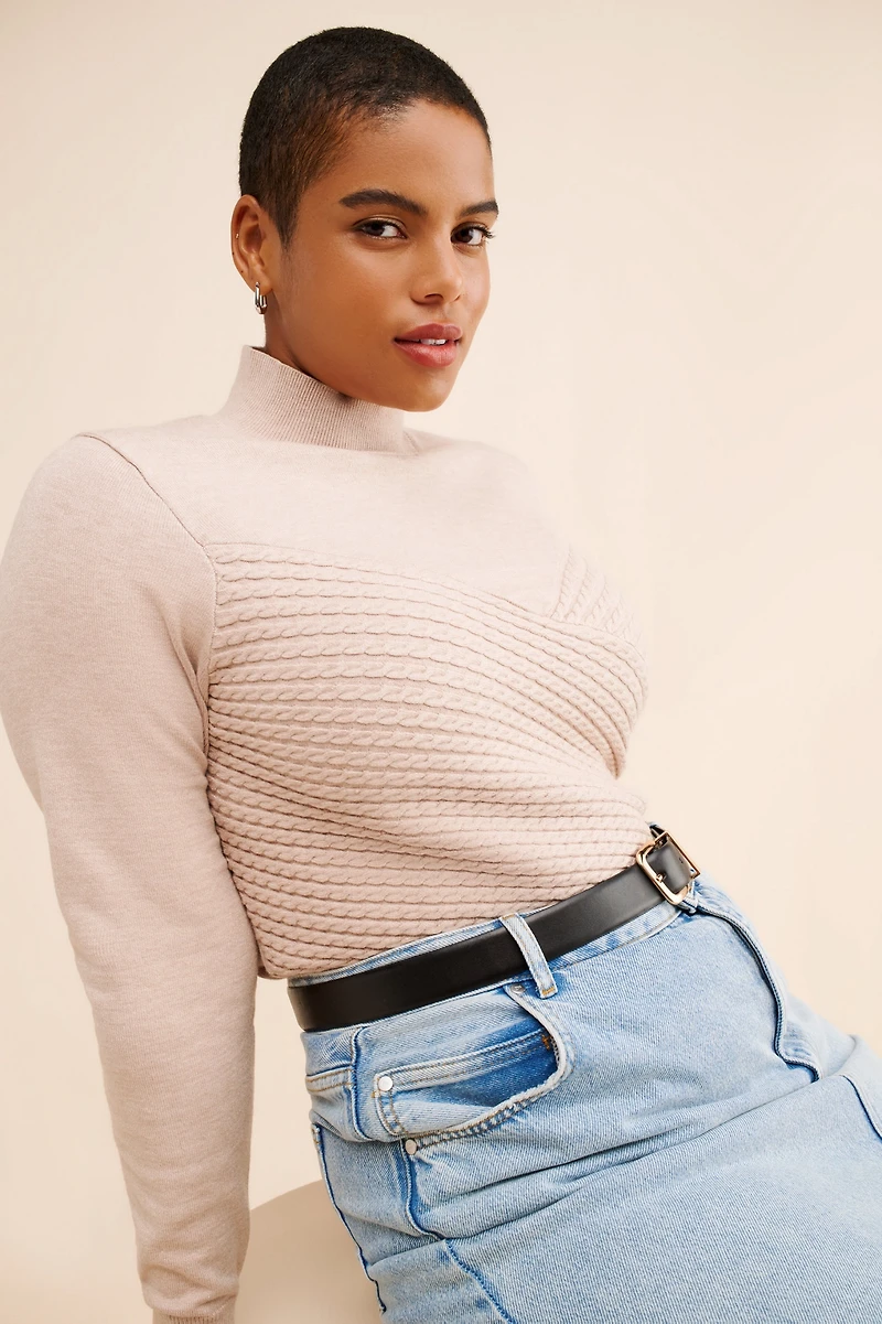 Eloquii Diagonal Cable Knit Mock Neck Sweater