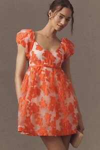 Puff-Sleeve Scoop-Neck Babydoll Mini Dress