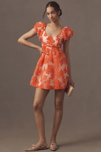 Puff-Sleeve Scoop-Neck Babydoll Mini Dress