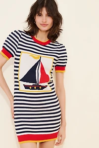 Flat White Knit Short-Sleeve Crew-Neck Mini Dress