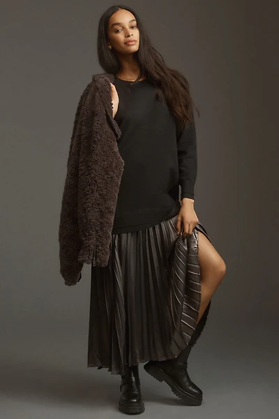 Long-Sleeve Pleated Twofer Sweater Midi Dress