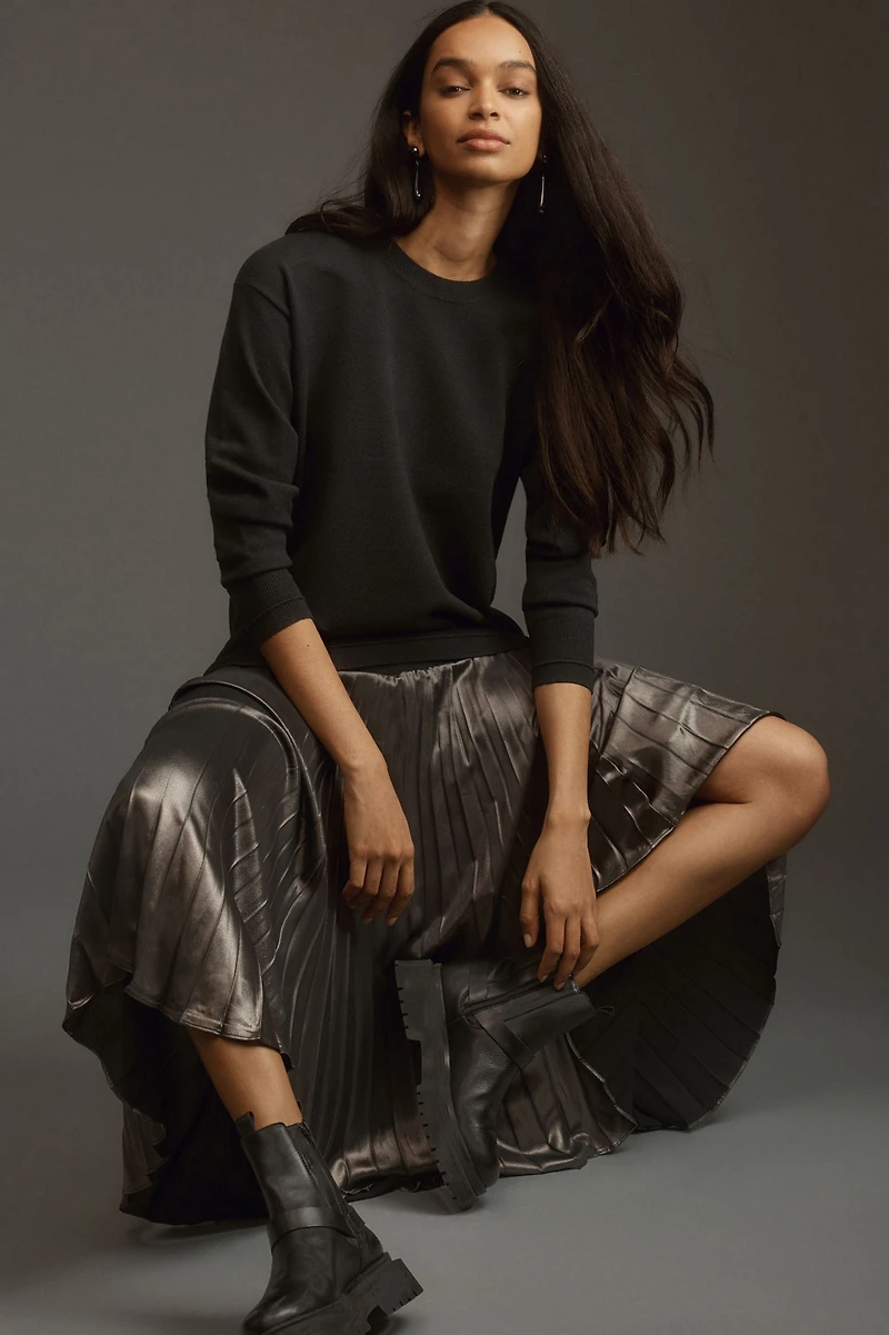 Long-Sleeve Pleated Twofer Sweater Midi Dress