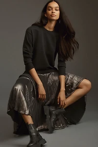 Long-Sleeve Pleated Twofer Sweater Midi Dress