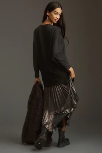 Long-Sleeve Pleated Twofer Sweater Midi Dress