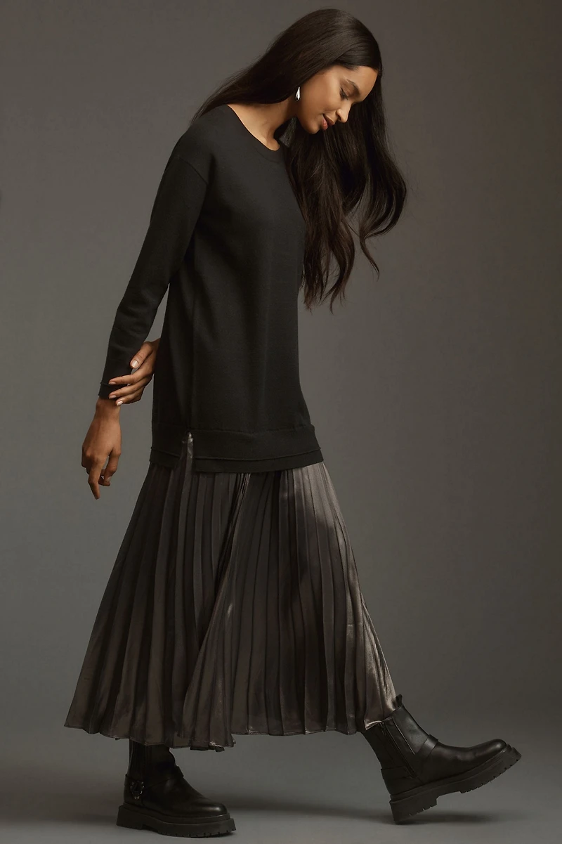 Long-Sleeve Pleated Twofer Sweater Midi Dress