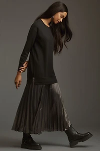 Long-Sleeve Pleated Twofer Sweater Midi Dress