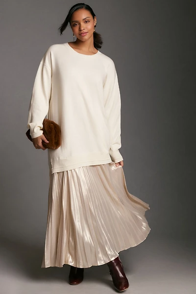 Long-Sleeve Pleated Twofer Sweater Midi Dress