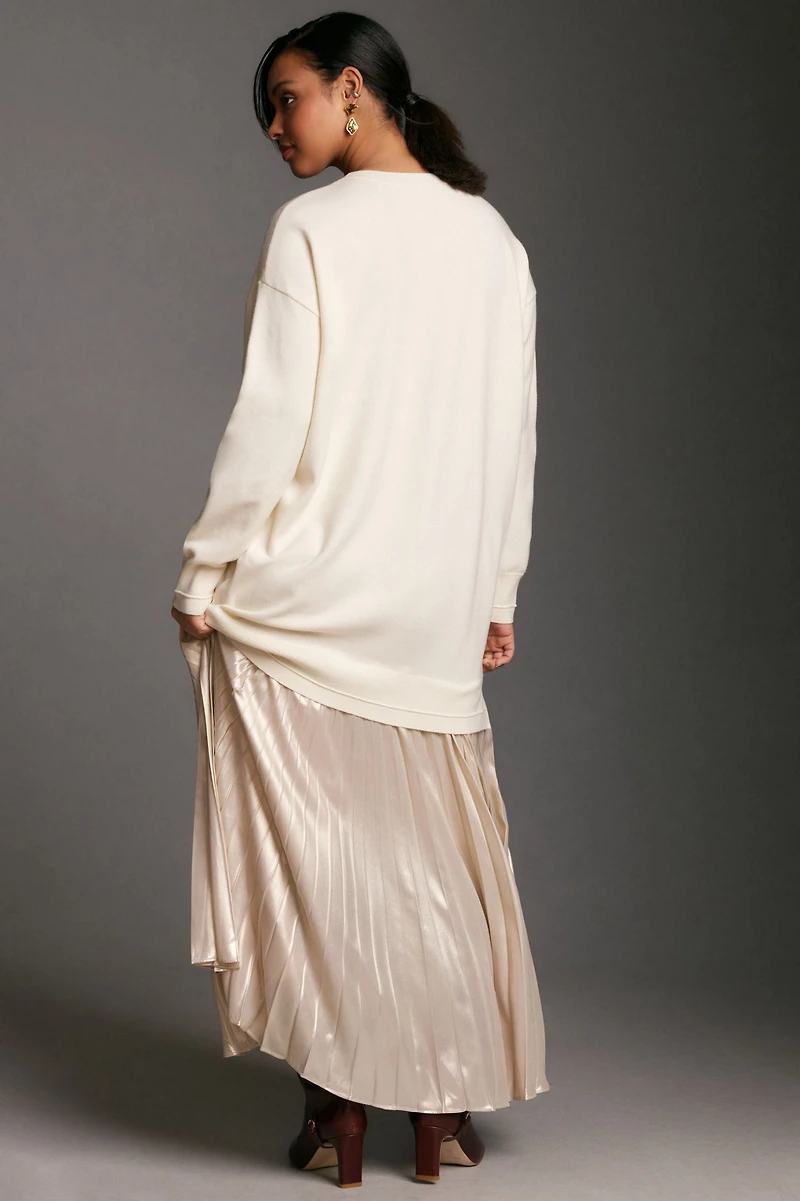 Long-Sleeve Pleated Twofer Sweater Midi Dress