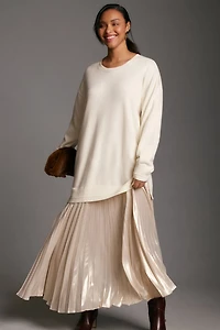 Long-Sleeve Pleated Twofer Sweater Midi Dress