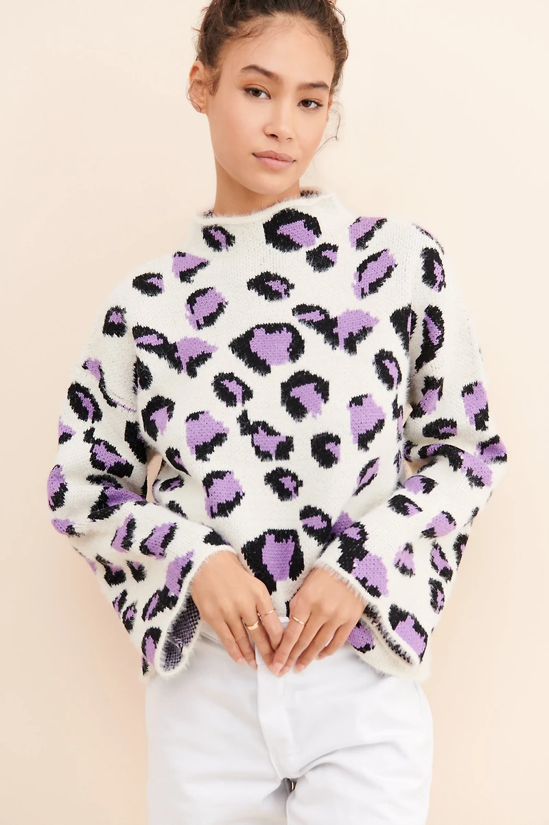 Moon River Leopard Funnel Neck Sweater