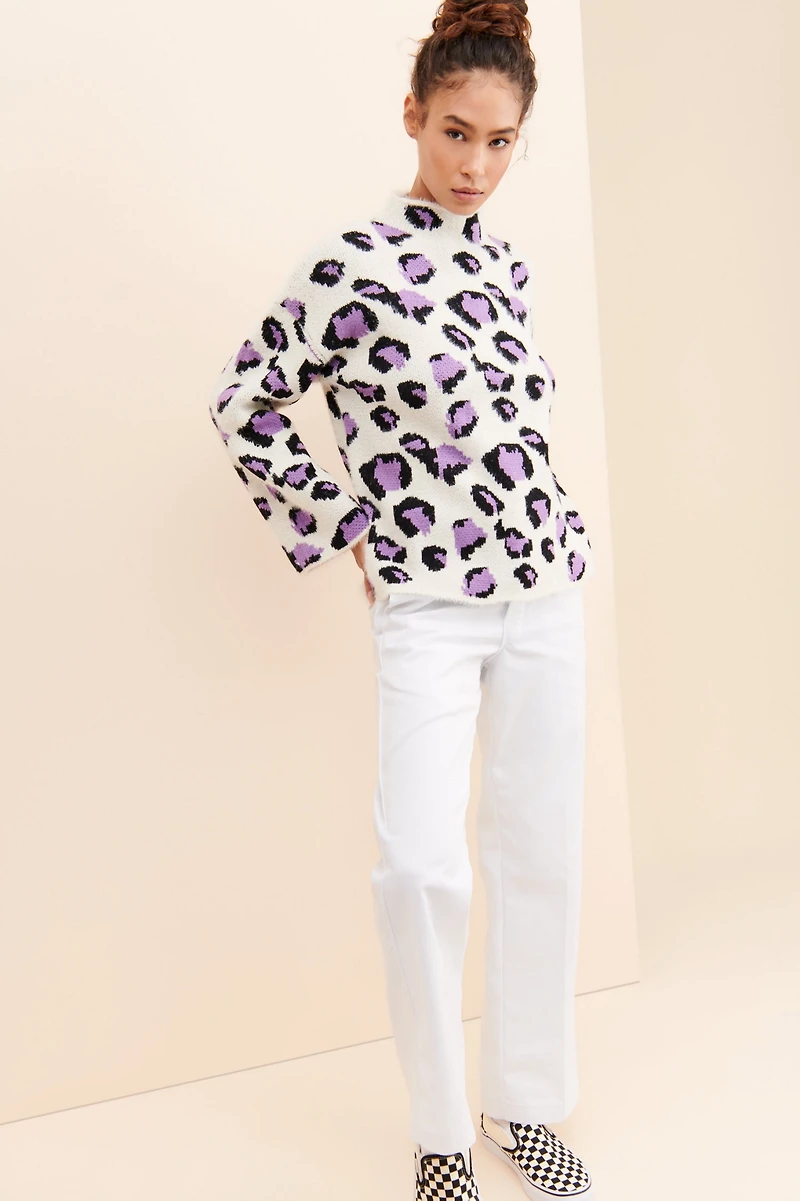 Moon River Leopard Funnel Neck Sweater