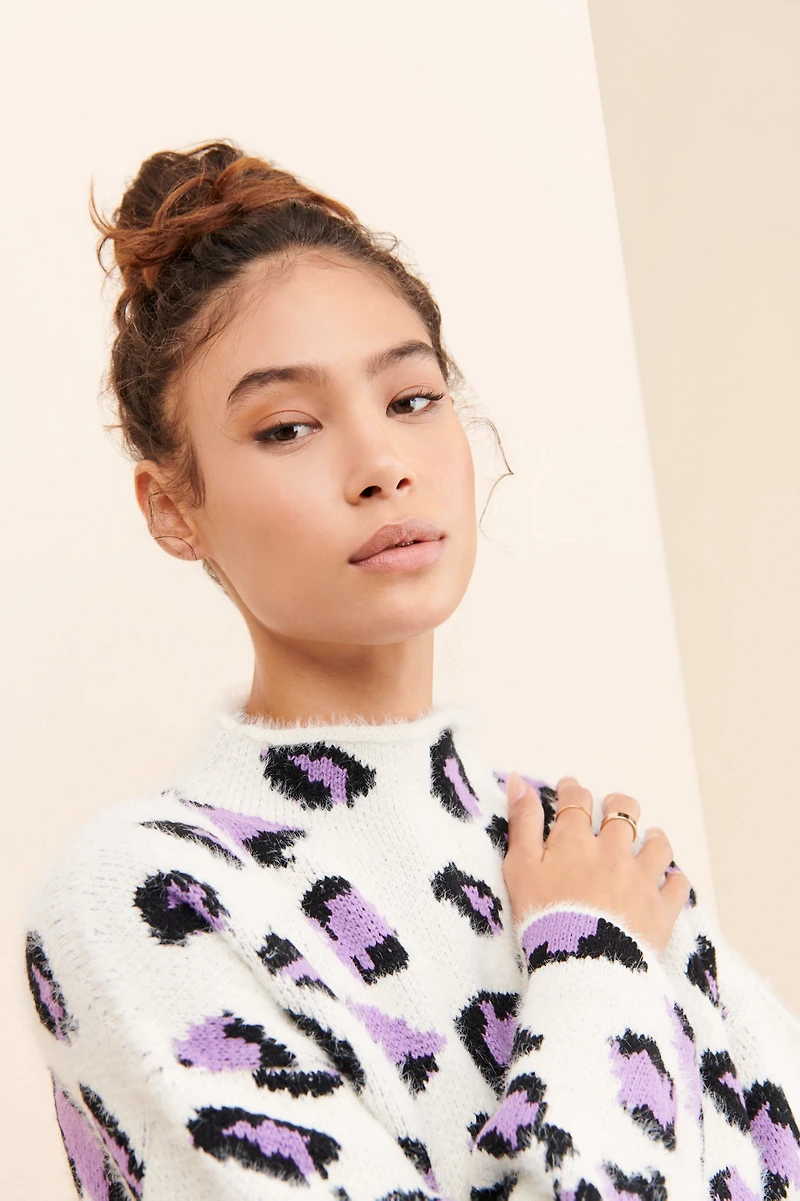 Moon River Leopard Funnel Neck Sweater
