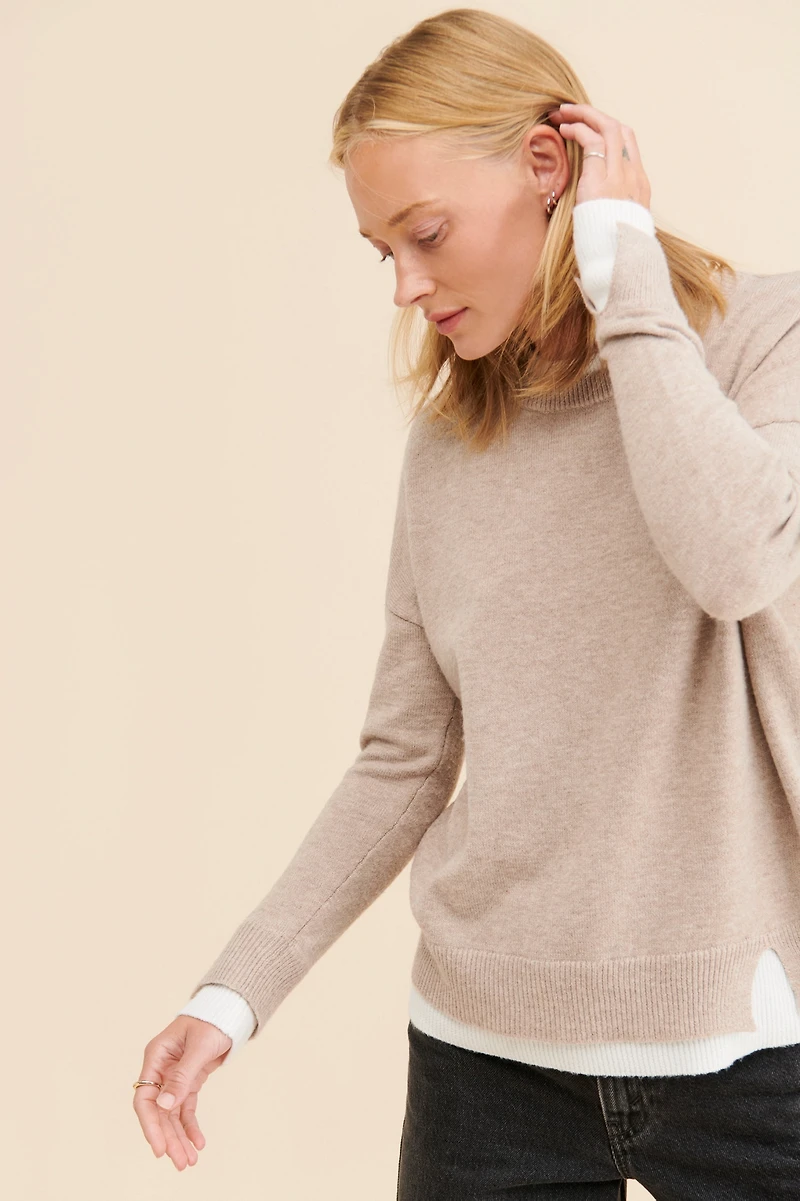 Flat White Layered Crew Neck Sweater