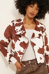 Hutch Cow Print Vegan Suede Moto Jacket