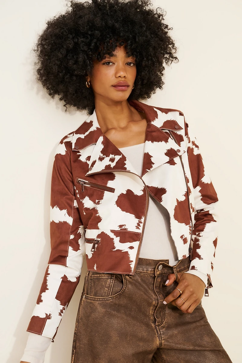 Hutch Cow Print Vegan Suede Moto Jacket