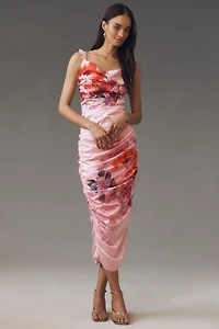 BHLDN Callie Sleeveless Ruched Printed Charmeuse Midi Dress