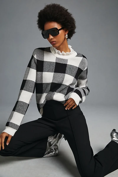 English Factory Plaid Ruffle-Collar Pullover