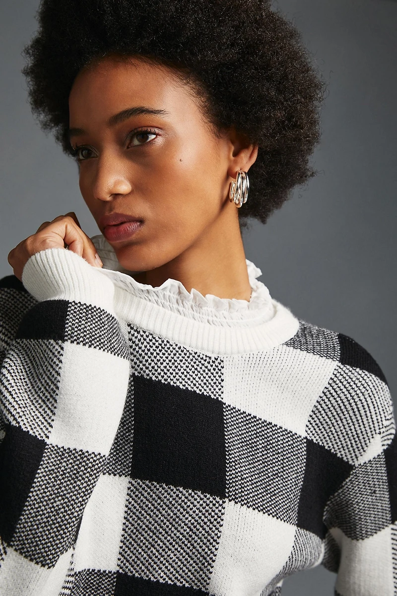 English Factory Plaid Ruffle-Collar Pullover