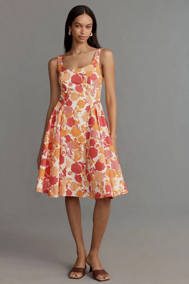 Sleeveless Scoop-Neck Basque-Waist Midi Dress
