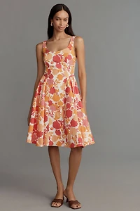 Sleeveless Scoop-Neck Basque-Waist Midi Dress