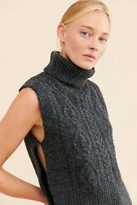 Moon River Turtleneck Side Slit Cable Knit Vest