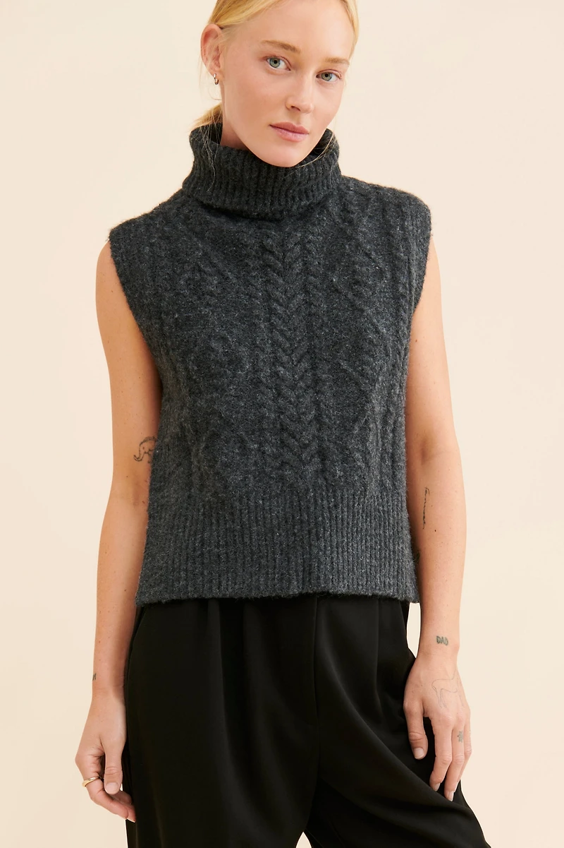 Moon River Turtleneck Side Slit Cable Knit Vest