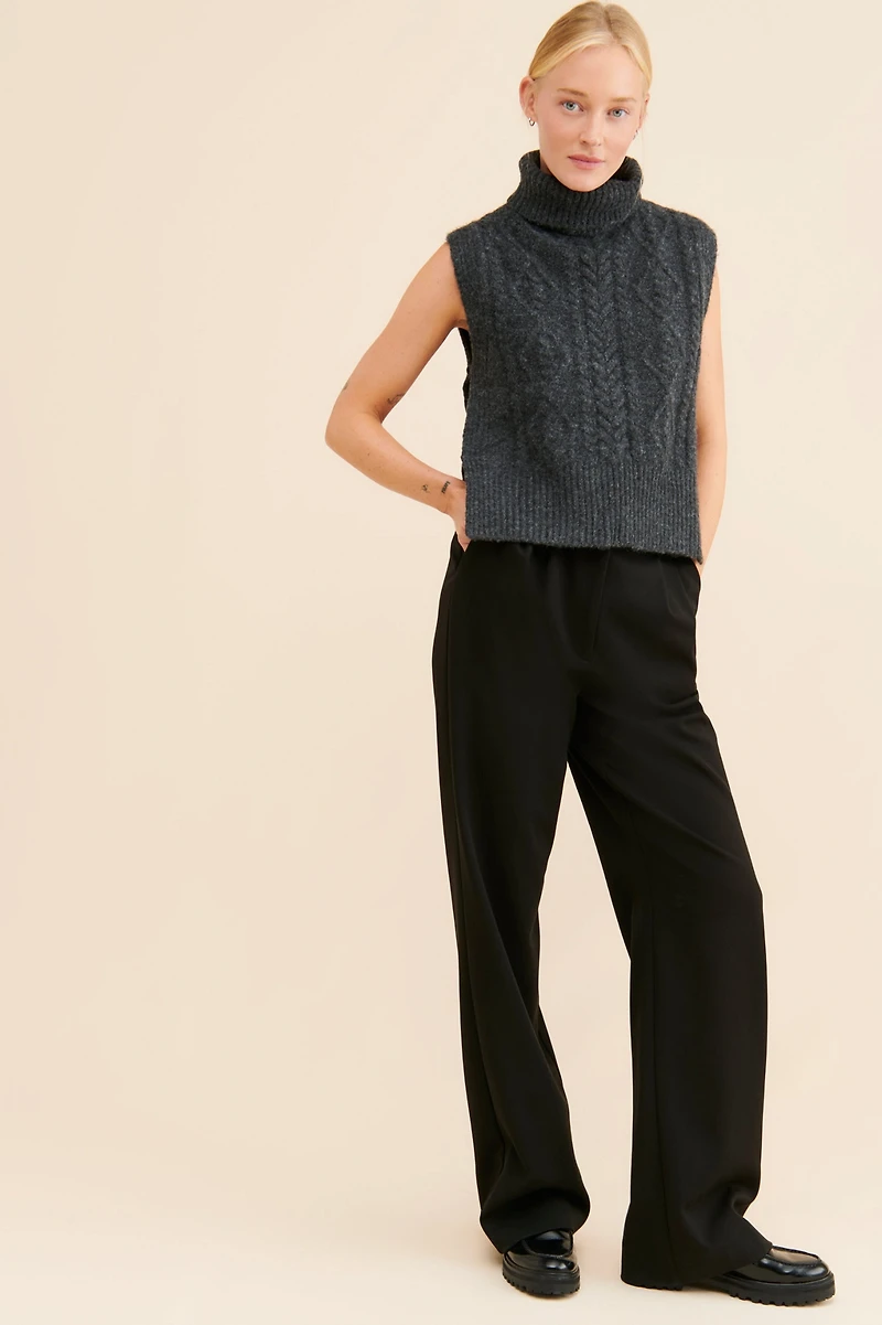 Moon River Turtleneck Side Slit Cable Knit Vest