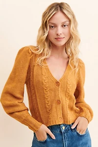 525 Cable Knit Puff-Sleeve Cardigan