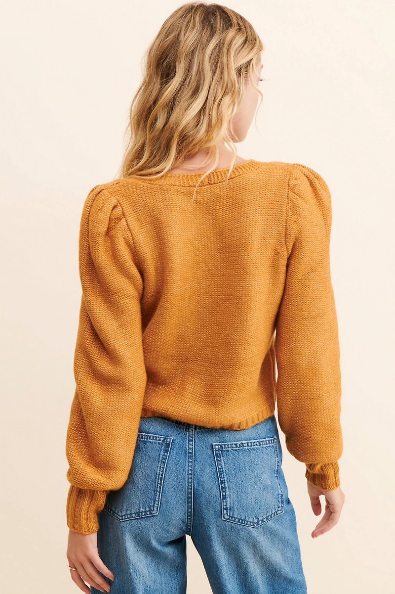525 Cable Knit Puff-Sleeve Cardigan