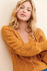 525 Cable Knit Puff-Sleeve Cardigan