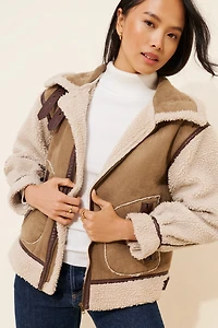 Moon River Shearling Colorblock Moto Jacket