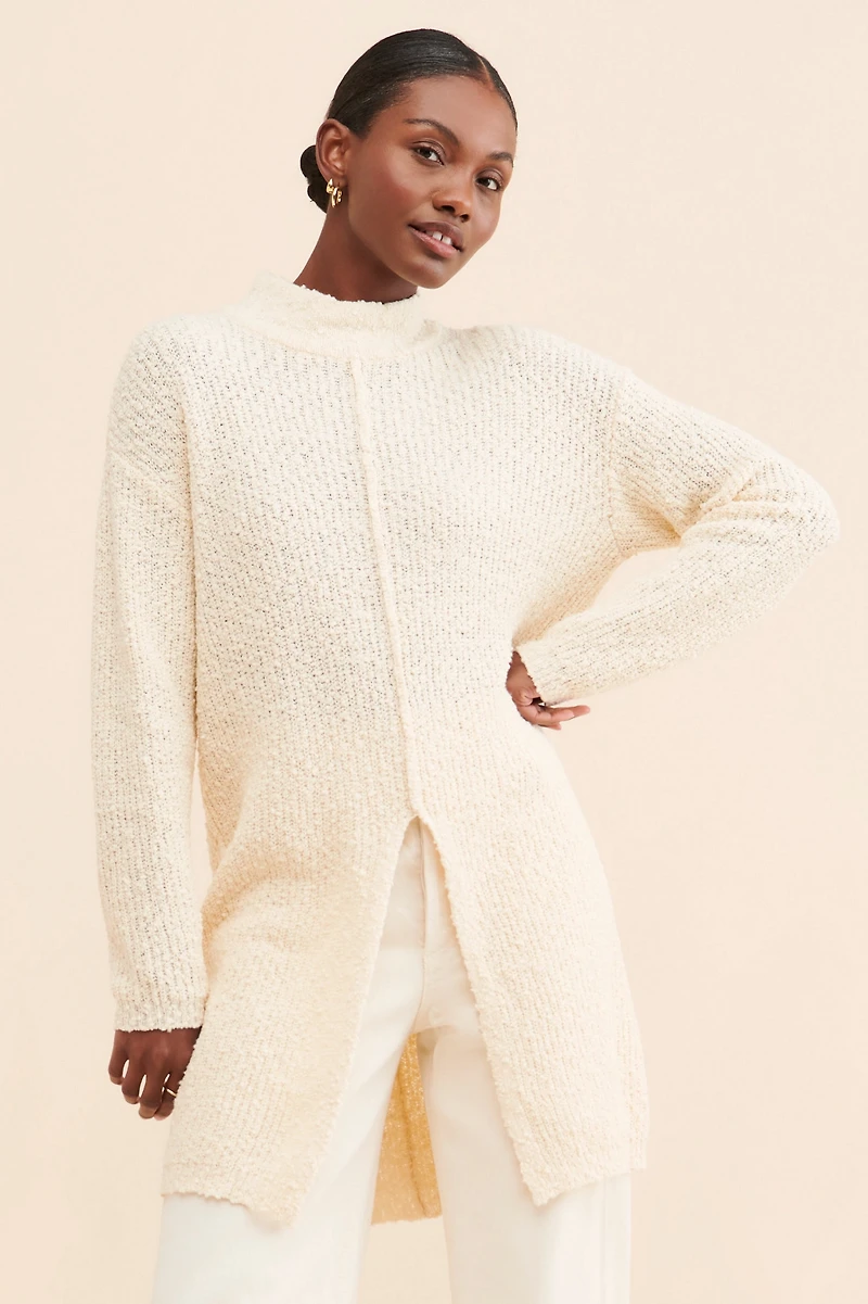 Flat White Turtleneck Tunic Slit Sweater
