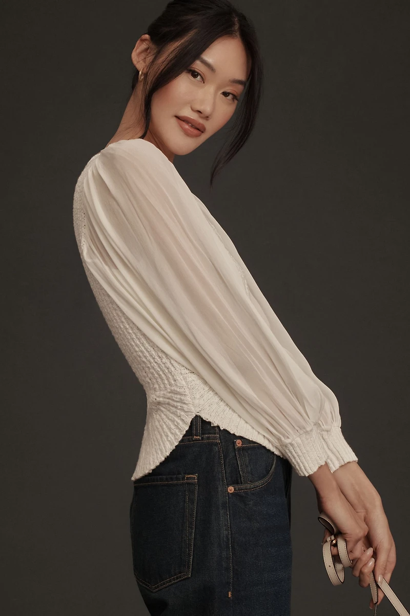 Sheer Long-Sleeve V-Neck Sweater