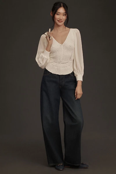 Sheer Long-Sleeve V-Neck Sweater