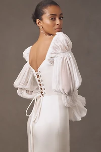 Bronx and Banco Florentina Blanc Long-Sleeve Column Wedding Gown