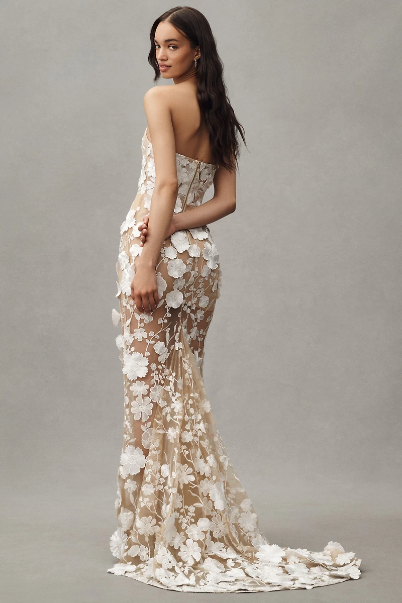 Bronx and Banco Jasmine Strapless Floral Appliqué Sheer Maxi Dress