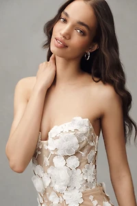 Bronx and Banco Jasmine Strapless Floral Appliqué Sheer Maxi Dress
