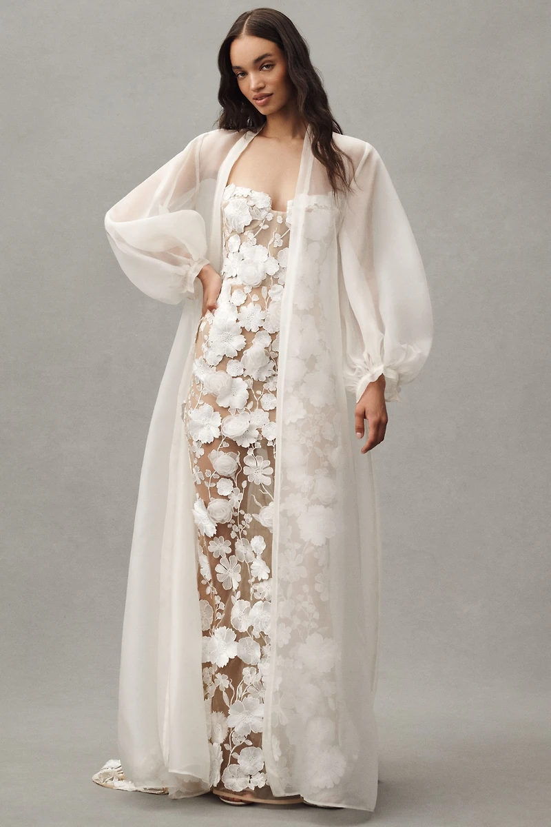 Bronx and Banco Jasmine Strapless Floral Appliqué Sheer Maxi Dress