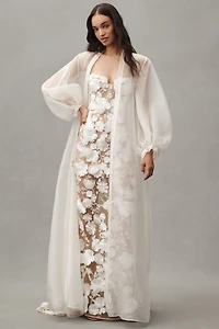 Bronx and Banco Jasmine Strapless Floral Appliqué Sheer Maxi Dress