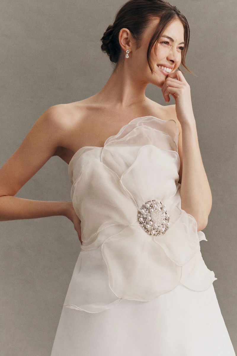 BHLDN Organza 3D Floral Appliqué Strapless Midi Dress