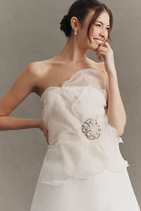 BHLDN Organza 3D Floral Appliqué Strapless Midi Dress