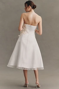 BHLDN Organza 3D Floral Appliqué Strapless Midi Dress