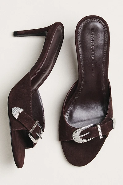 Black Suede Studio Elena Buckle Mule Heels