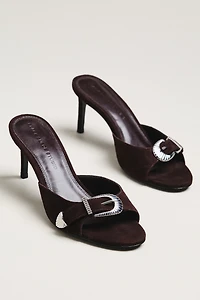 Black Suede Studio Elena Buckle Mule Heels